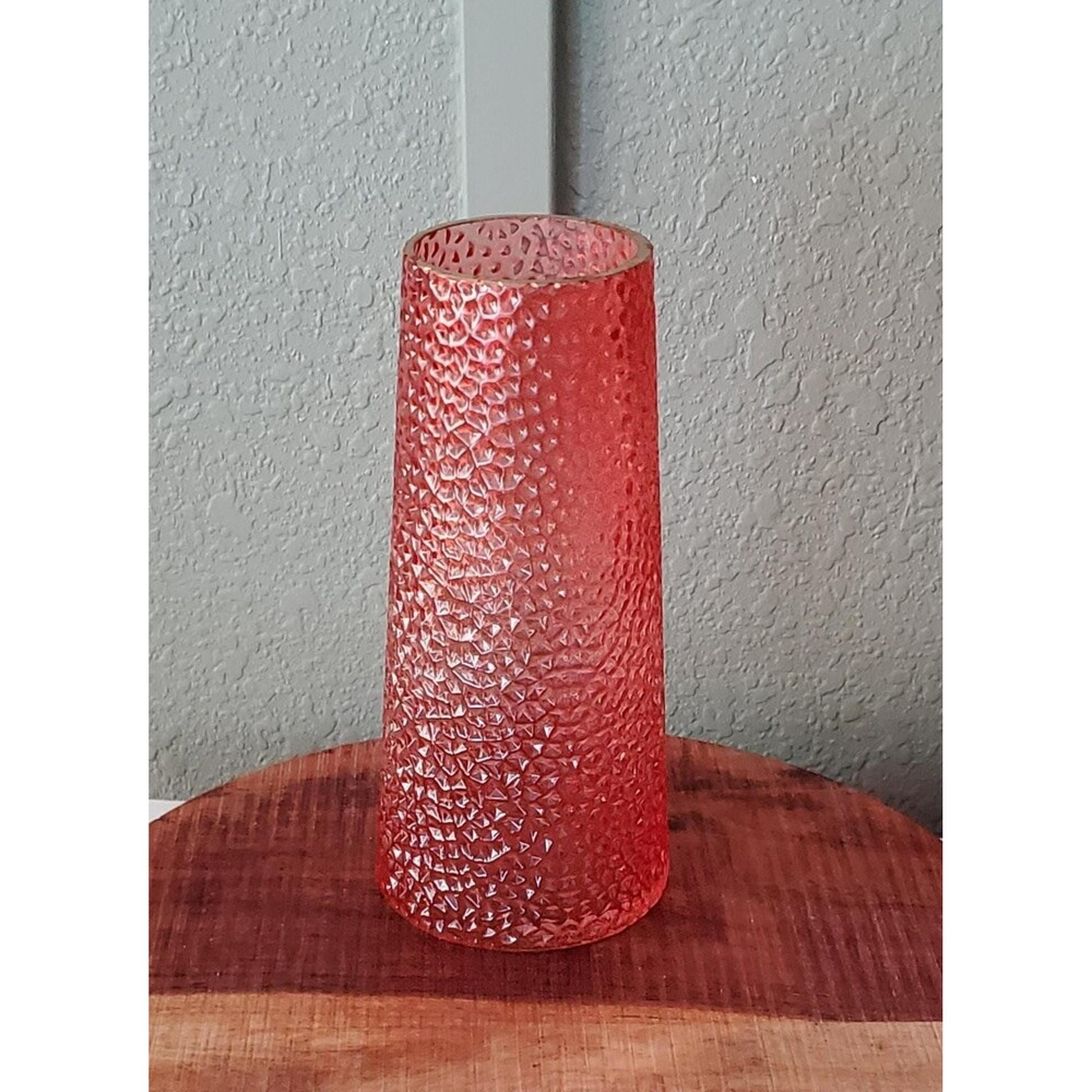 Vintage Mid-Century Modern (MCM) orange-red geometric bump textured glass vase.